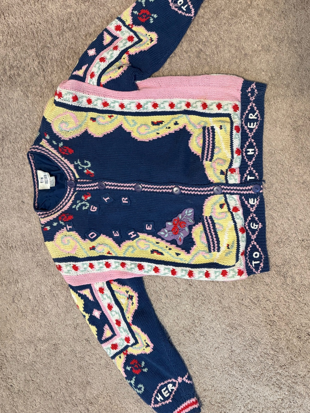 Together Navy button Knit Cardigan with Pink and Yellow Accents